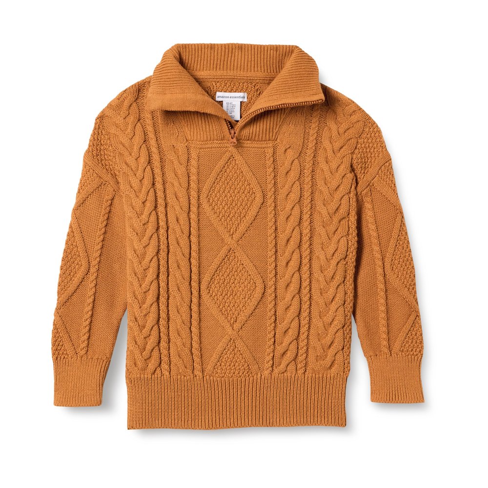 Amazon Essentials Boys' Quarter-Zip Cable-Knit Relaxed-Fit Sweater, Caramel, Medium