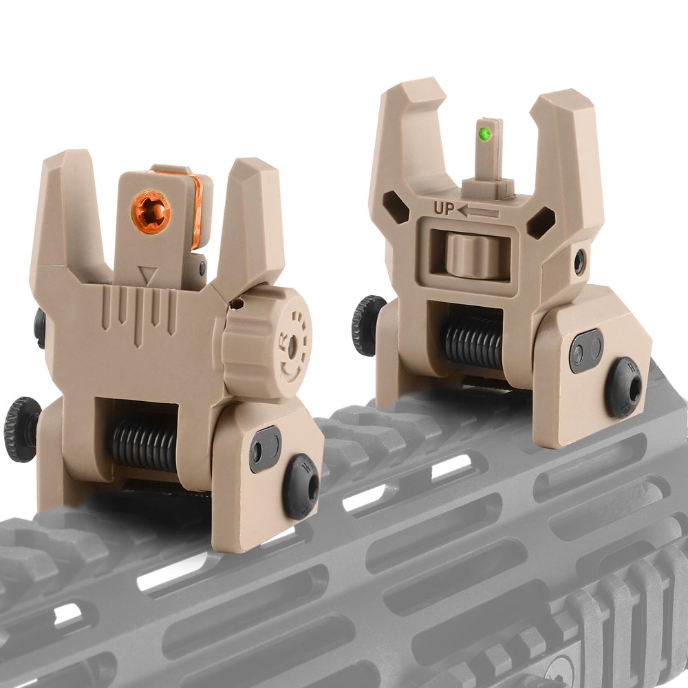 TPRCOL Flip Up Sight Front and Rear Flip Lightweight Sights,with Green Red Fiber Optics Dots, Mounted on Any Picatinny Rail (Fiber Optics Tan)