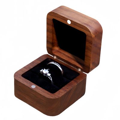 RUOMOODDZ square wood ring box for Wedding ceremony 2 slots,vintage walnut double ring Holder Case for proposal engagement promise Velvet -caja para anillos de boda-lined in black
