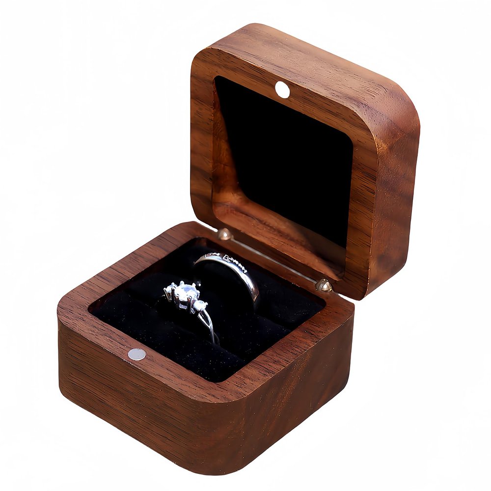 RUOMOODDZ square wood ring box for Wedding ceremony 2 slots,vintage walnut double ring Holder Case for proposal engagement promise Velvet -caja para anillos de boda-lined in black