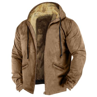 Men's Western Vintage Print Sherpa Fleece Lined Jackets Winter Warm Cozy Outerwear Quilted Down Varsity Coat Hooded2-Brown,4X-Large