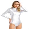 Agoky Women's Shiny Metallic One Piece Leotard Mock Neck Long Sleeve Dance Bodysuit Dance Costume Silver Small view 2