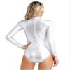 Agoky Women's Shiny Metallic One Piece Leotard Mock Neck Long Sleeve Dance Bodysuit Dance Costume Silver Small view 3