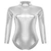 Agoky Women's Shiny Metallic One Piece Leotard Mock Neck Long Sleeve Dance Bodysuit Dance Costume Silver Small view 4