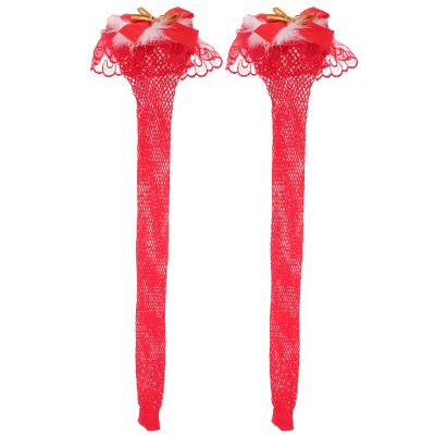 LOGOFUN Christmas Over Knee Socks Mesh Thigh High Socks Xmas Thigh High Stocking with Bell and Feather Decor for Festival Party Supplies - Red
