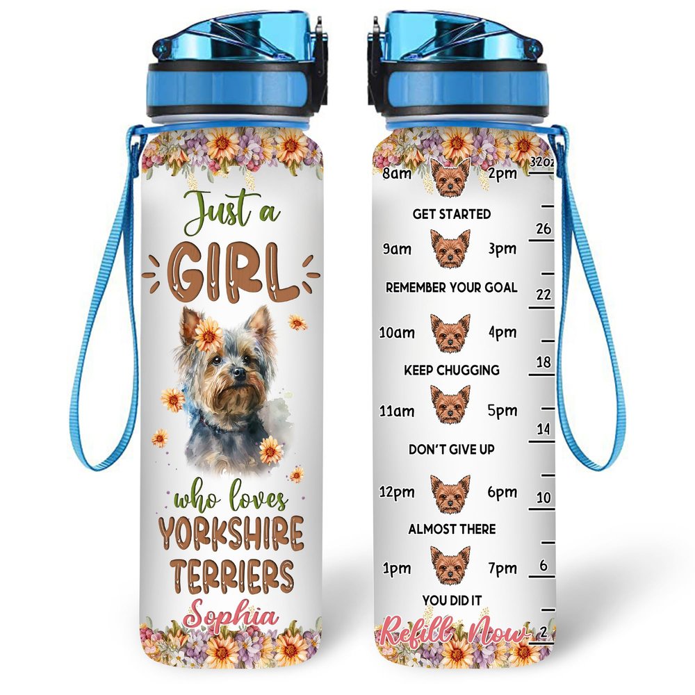Hyturtle Personalized Yorkshire Terrier Dog Lovers 32 Oz 1Liter Motivational Water Bottle With Time Marker, Just A Girl Who Loves Dogs, Animal Lovers Gifts For Women, Girl On Birthday, Christmas