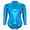 Agoky Women's Shiny Metallic One Piece Leotard Mock Neck Long Sleeve Dance Bodysuit Dance Costume Sky Small view 4