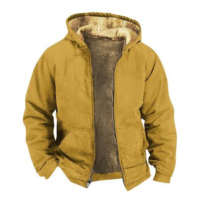 Mens Vintage Fleece Jacket Sherpa Lined Winter Coats Parka Warm Cozy Outerwear Windbreaker Casual Hoodies Plus Size1-Gold,X-Large