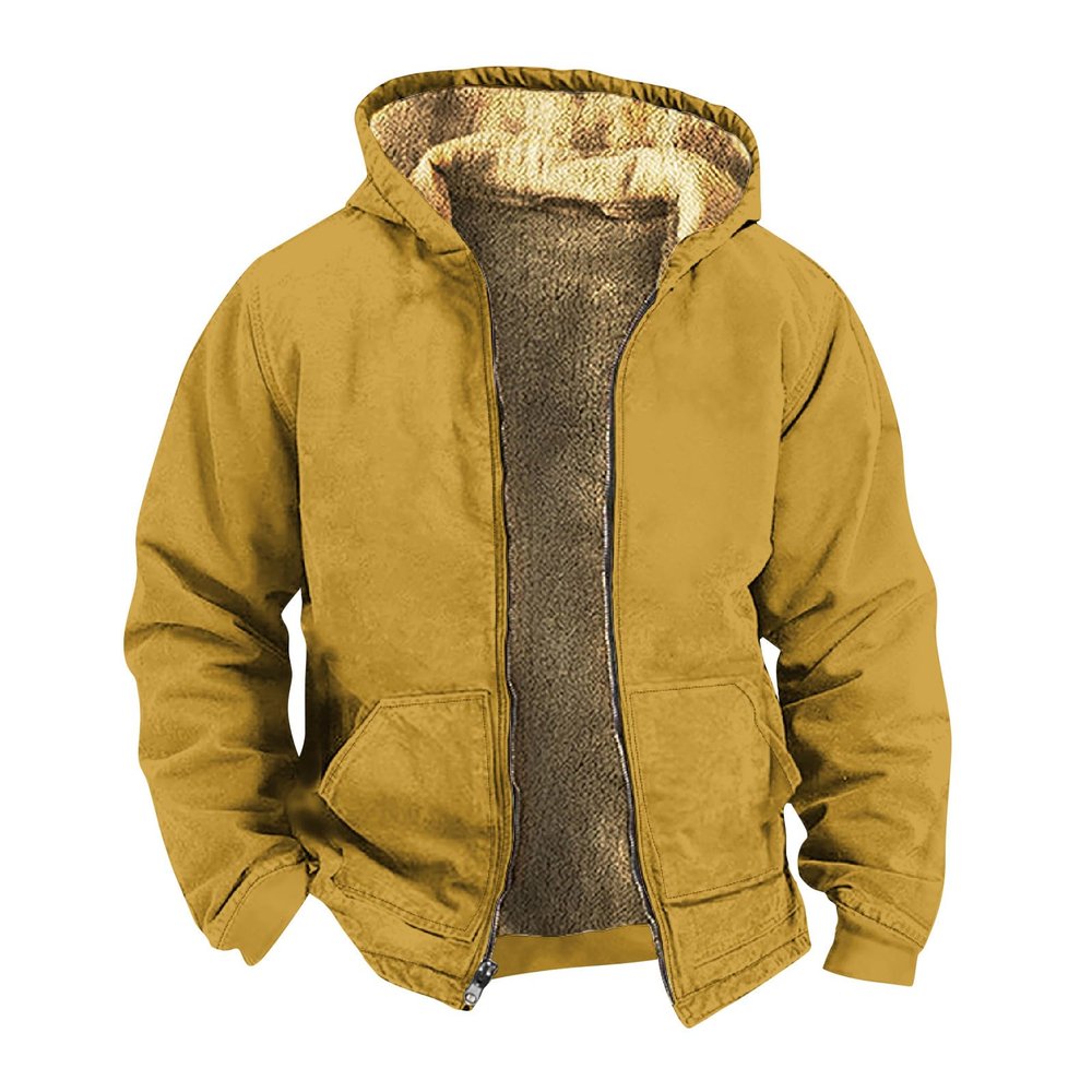 Mens Vintage Fleece Jacket Sherpa Lined Winter Coats Parka Warm Cozy Outerwear Windbreaker Casual Hoodies Plus Size1-Gold,X-Large