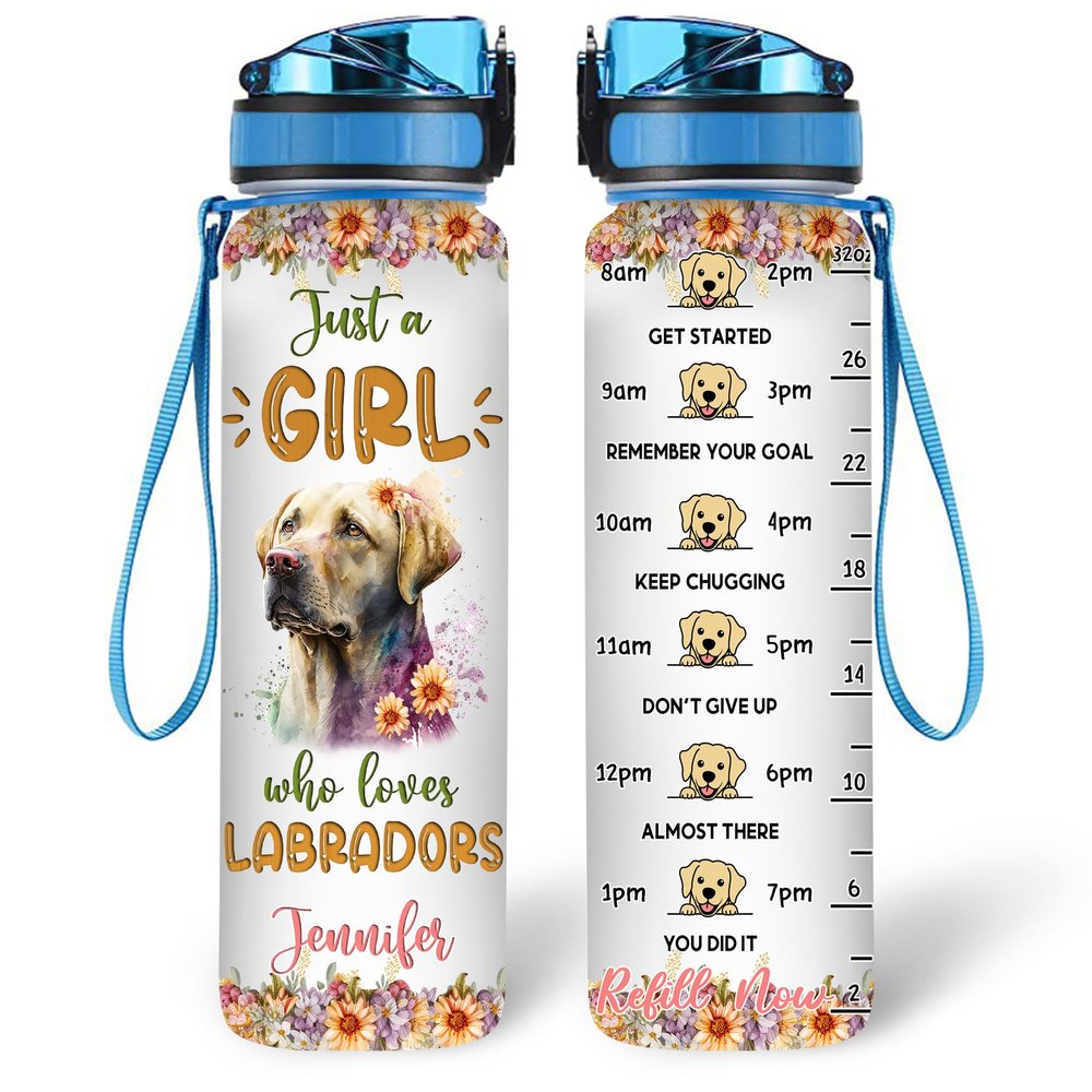 Hyturtle Personalized Labrador Dog Lovers 32 Oz 1Liter Motivational Water Bottle With Time Marker, Just A Girl Who Loves Dogs, Animal Lovers Gifts For Women, Girl On Birthday, Christmas