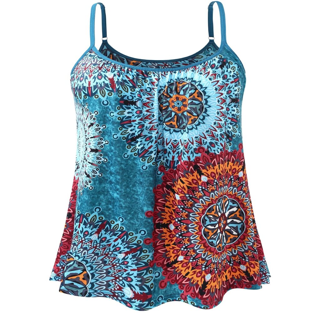Accbiety Women's Camisole with Built Bra Flowy Loose Fit Cami Pleated Adjustable Strap Tanks Blue-Flower XXXXL