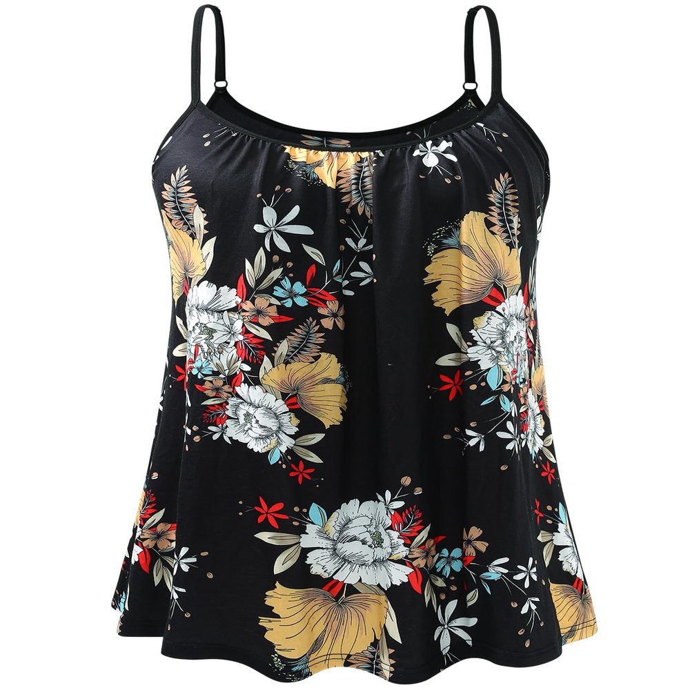 Accbiety Women's Camisole with Built Bra Flowy Loose Fit Cami Pleated Adjustable Strap Tanks Black-Flower XXXXL