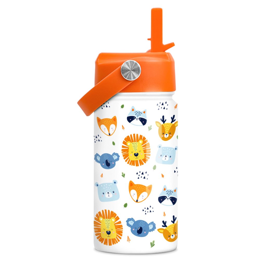Kids Water Bottle with Straw Lid - 12 Oz Insulated Stainless Steel Animal Water Bottles for Kid Boys Girls - Travel Cup for School Sports