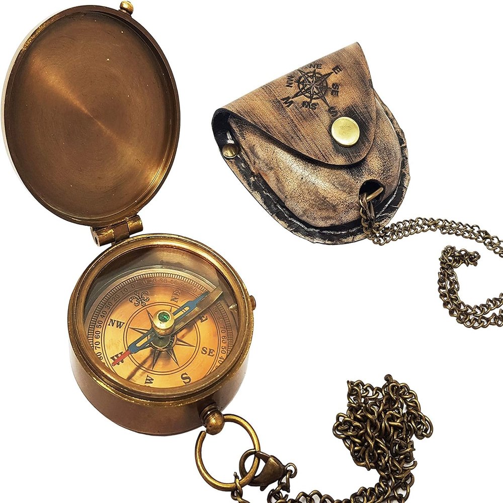 Antique Brass Pocket Compass with Leather Case Camping Hiking Directional & Fully Functional for Men & Women