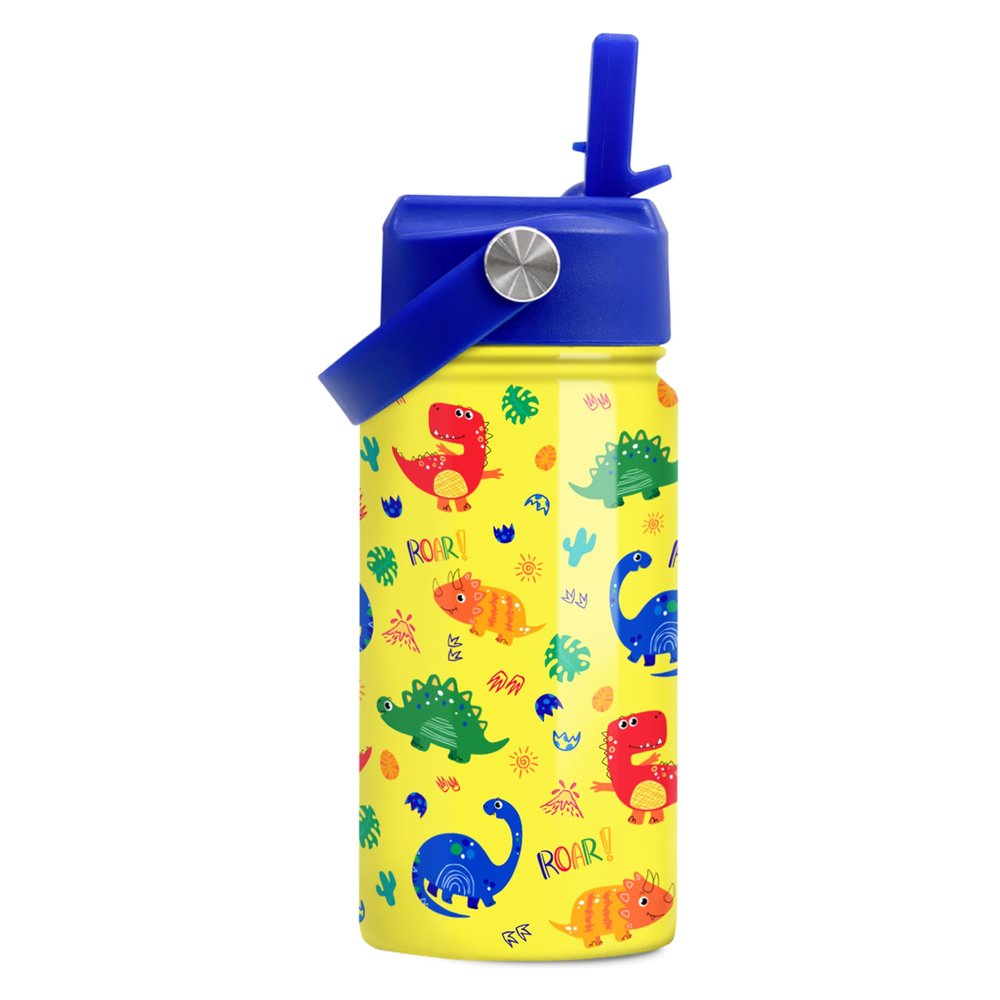 Dinosaur Kids Water Bottle - 12 Oz Insulated Stainless Steel - Straw Lid for Toddlers & Kids - School & Sports Travel Cup
