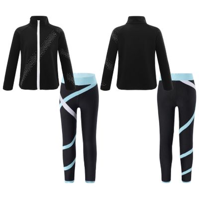Agoky Girls Ice Skating Jacket with Figure Skating Leggings Gymnastics Clothing Set Dance Performance Costume Light Blue 14 Years