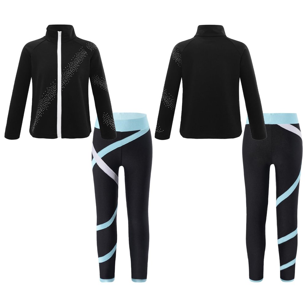 Agoky Girls Ice Skating Jacket with Figure Skating Leggings Gymnastics Clothing Set Dance Performance Costume Light Blue 14 Years