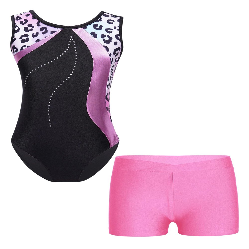 Fldy Kids Girls Gymnastics Dance Outfits Sleeveless Tumbling Outfits with Athletic Shorts Gymnastics Bodysuit Unitard Leopard 8