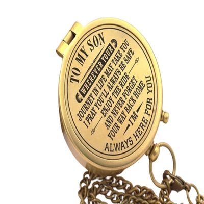 to My Son Engraved Pocket Compass with Intricate Detailed Leather Case Brass Chained Compass for Camping & Hiking