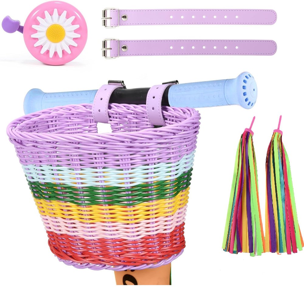 SVNR Bike Basket, Kids Bike Basket Front, Handwoven Bicycle Baskets for Boys and Girls, Children Bicycle Baskets with Spare Leather Straps and Bell, Easy Install and Detachable