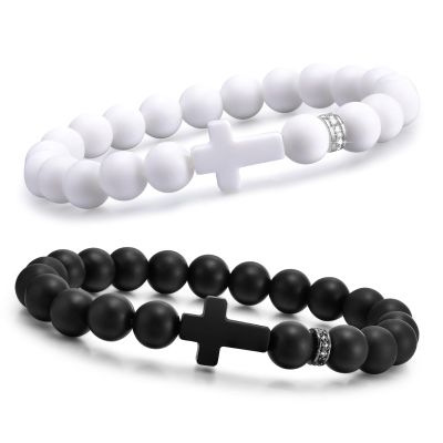 2 Pcs Silicone Cross Bracelet for Men : Comfort Black White Rubber Cross Beaded Silicone Men's bracelet Set Stretch Jesus Wristband, Faith Religious Christian Catholic Jewelry Gifts for Boys Son Teens