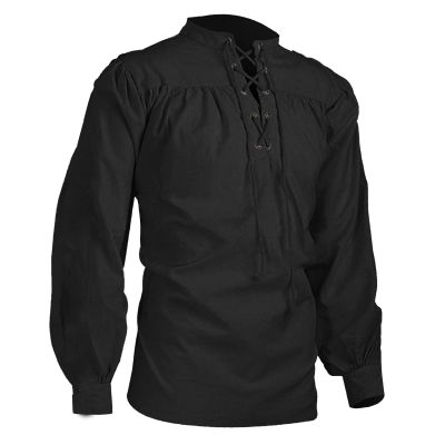 xoxingysm Men Medieval Pirate Shirt Ruffled Gothic Steampunk Victorian Cosplay Long Sleeve Shirt Renaissance Lace-Up Costume Black