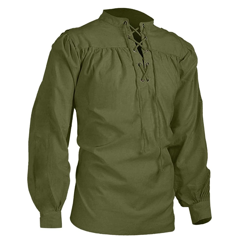 xoxingysm Men Medieval Pirate Shirt Ruffled Gothic Steampunk Victorian Cosplay Long Sleeve Shirt Renaissance Lace-Up Costume Army Green