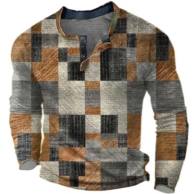 xoxingysm Mens Long Sleeve Henley Shirt Half Button Plaid Printed Retro Distressed Pullover Tops Color Block Slim Fit Golf Polo Shirts Yellow