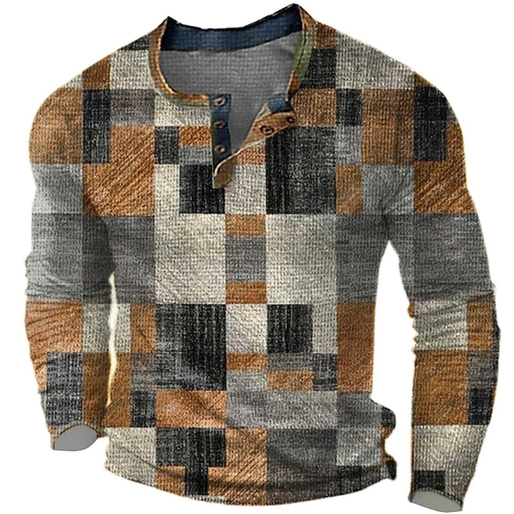 xoxingysm Mens Long Sleeve Henley Shirt Half Button Plaid Printed Retro Distressed Pullover Tops Color Block Slim Fit Golf Polo Shirts Yellow