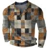 xoxingysm Mens Long Sleeve Henley Shirt Half Button Plaid Printed Retro Distressed Pullover Tops Color Block Slim Fit Golf Polo Shirts Yellow view 1