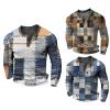 xoxingysm Mens Long Sleeve Henley Shirt Half Button Plaid Printed Retro Distressed Pullover Tops Color Block Slim Fit Golf Polo Shirts Yellow view 2