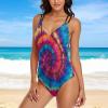 Colorful Psychedelic Tie Dye Women One Piece Swimsuits Tummy Control Bathing Suits V Neck Monokini for Party Beach L view 2