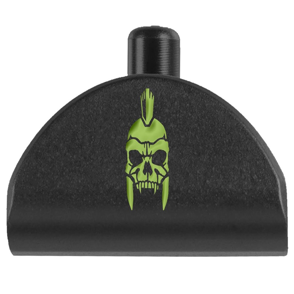 NDZ Performance Aluminum Grip Plug for Glock Gen 1-3 17 19 20 21 22 23 24 31 32 34 & 35 9mm .40 .357 Sig 10mm .45 ACP Gap, Green Trending Color Filled Engravings - Spartan Skull Helmet