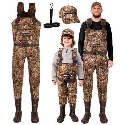 DaddyGoFish Neoprene Chest Waders for Kids and Adults, BootFoot, Fishing & Hunting with a Camouflage Caps, and a Wader Hanger