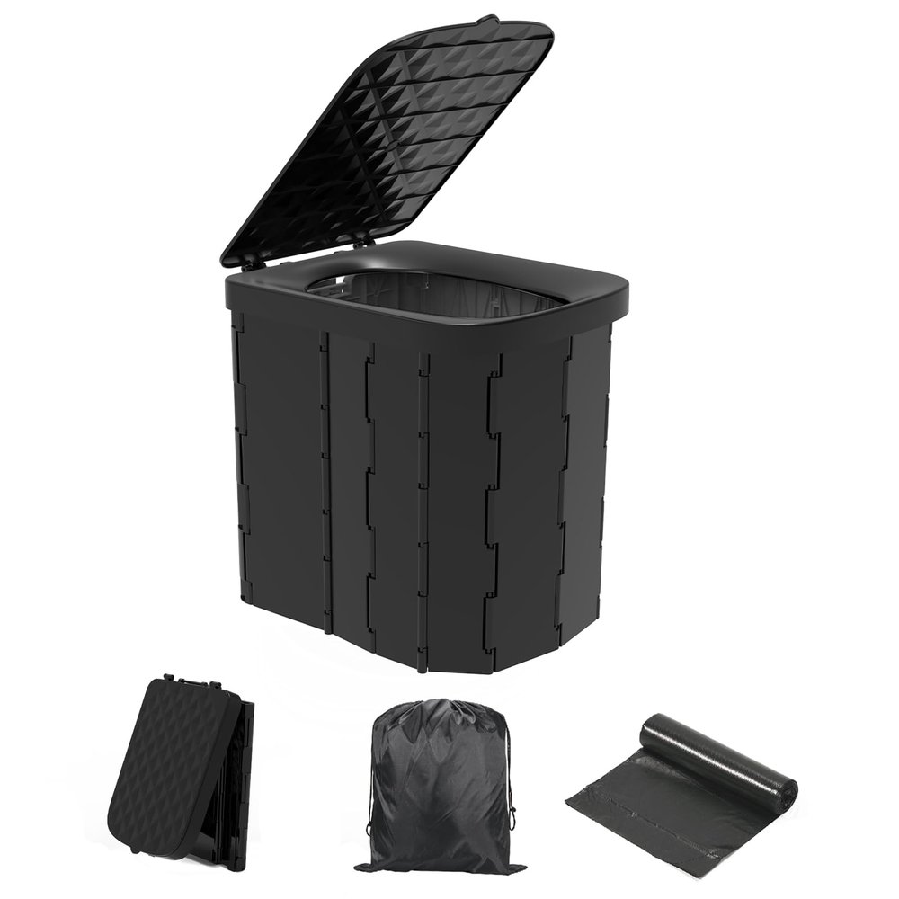 Hapoon XL Portable Folding Camping Toilet - Travel Potty for Adults, 12 Toilet Bags, 12 Pack Liquid Waste Gel, Black