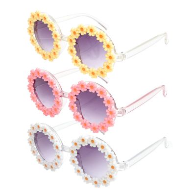 Topbuti Girls Round Daisy Flower Sunglasses Flower Shaped Cute Glasses UV 400 Protection Outdoor Beach Eyewear Girl Boy Gifts (3, White Pink Yellow)