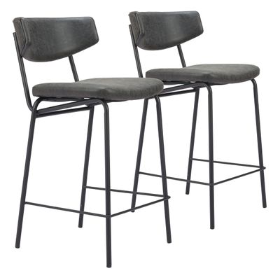 Zuo Charon Counter Stool (Set of 2) Vintage Black, Black Counter Stool, Modern Style, Faux Leather, Plush and Durable Faux Leather Fabric, Plywood, Indoor Bar, 18.5" W x 22.4" D x 36.2" H