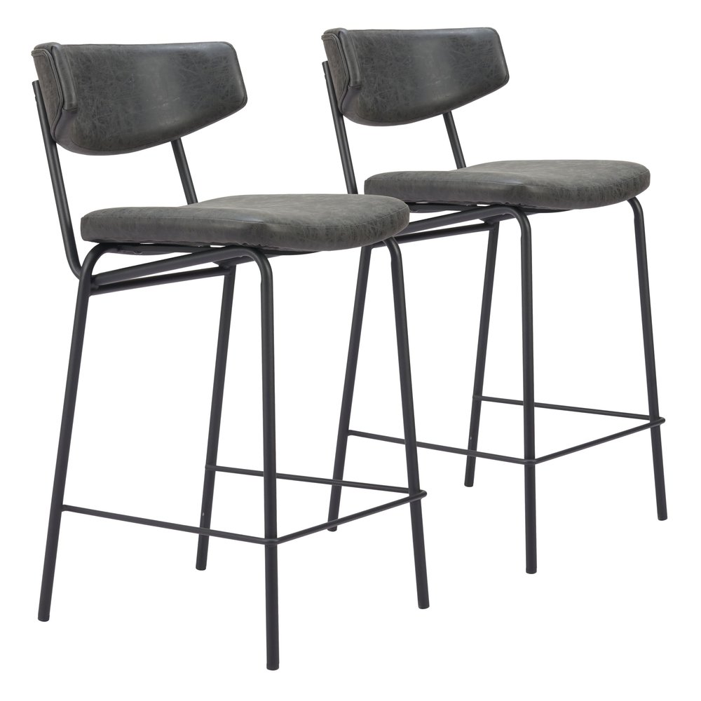 Zuo Charon Counter Stool (Set of 2) Vintage Black, Black Counter Stool, Modern Style, Faux Leather, Plush and Durable Faux Leather Fabric, Plywood, Indoor Bar, 18.5" W x 22.4" D x 36.2" H