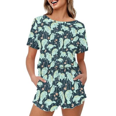 Jndtueit Manatee Pajamas for Women, Cartoon Starfish Sleepwear Pullover Top, Green Sea Animal 2 Piece Soft Tracksuit Sweatpants Jogging suit