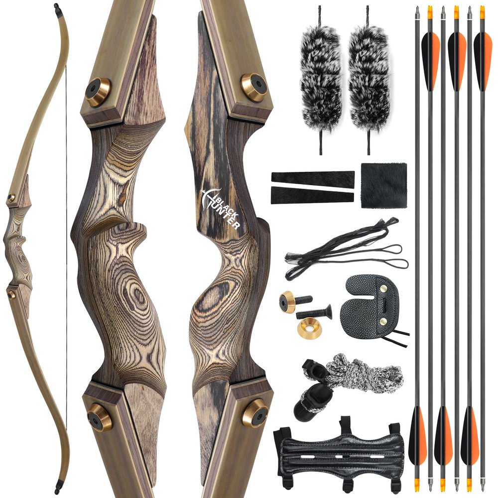 HANDBAIGE Archery Recurve Bow 60'' Black Hunter Wooden Bow Takedown Recurve Bow Set for Adults with 6 Pcs Pure Carbon Arrows Hunting Bow for Outdoor Practice (20-60lbs) (25LBS)