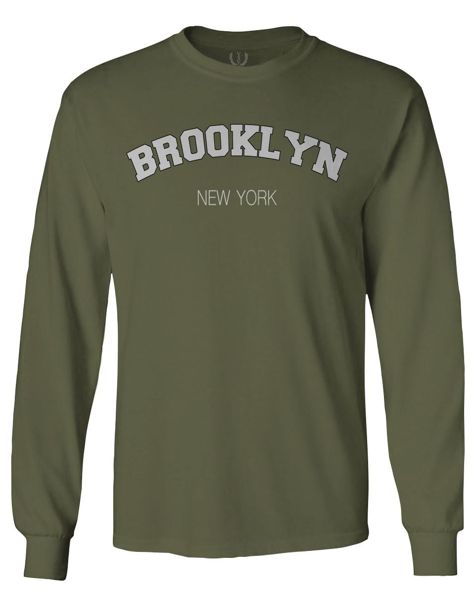 0566. Brooklyn New York NYC Cool Hipster Street wear Men's Long Sleeve t Shirt (Olive, Small)