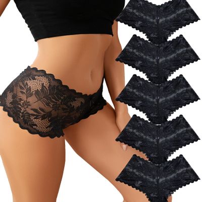 FINETOO 5 Pack Sexy Lingerie Panties for Women Pack V-Waist Lace Womens Underwear French Cut Boyshorts Panty