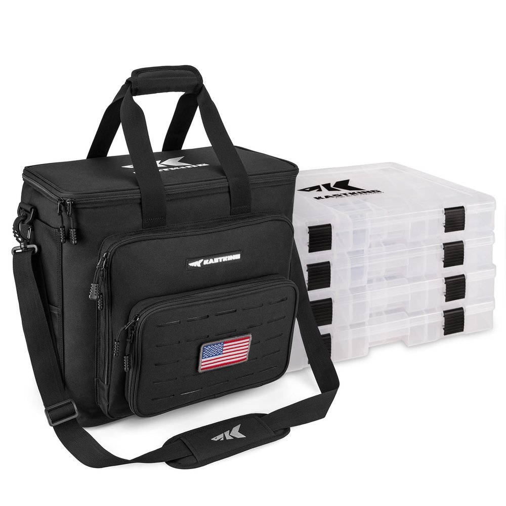 KastKing Karryall Fishing Tackle Bags with 4 * 3700 Tackle Trays, Fishing Bags for Saltwater or Freshwater Fishing - Fishing Gear Storage, Black