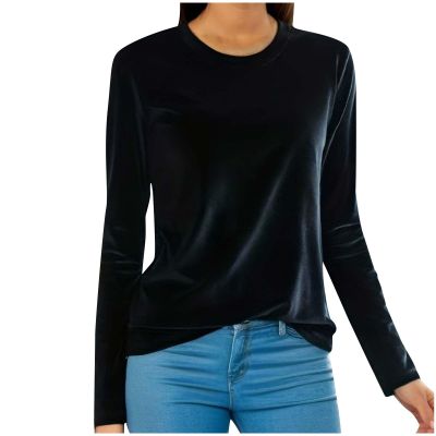 Women Casual Long Sleeve Shirts Crewneck Pullover Velvet Basic Tops Ladies Vintage Slim Dressy Comfortable Blouse Tunic Black
