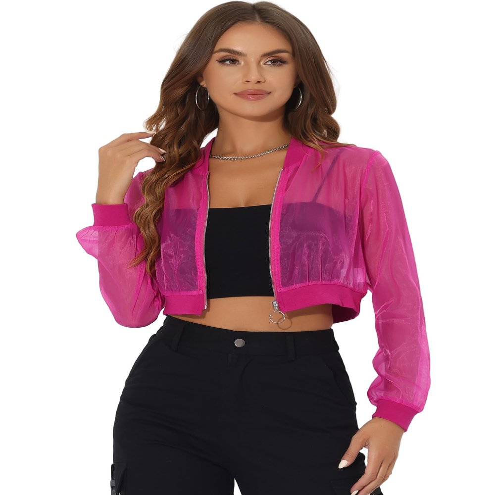 Allegra K Mesh Crop Jacket for Women's Party Club Lightweight Long Sleeve Bomber Sheer Jacket X-Small Hot Pink