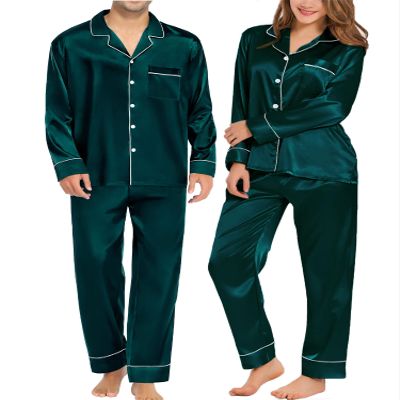 SWOMOG Couples Matching Pajamas Sets Women & Men Silk Satin Long Sleeve Button Down Sleepwear 2 Pcs Classic Loungewear Men Deep Green X-Large