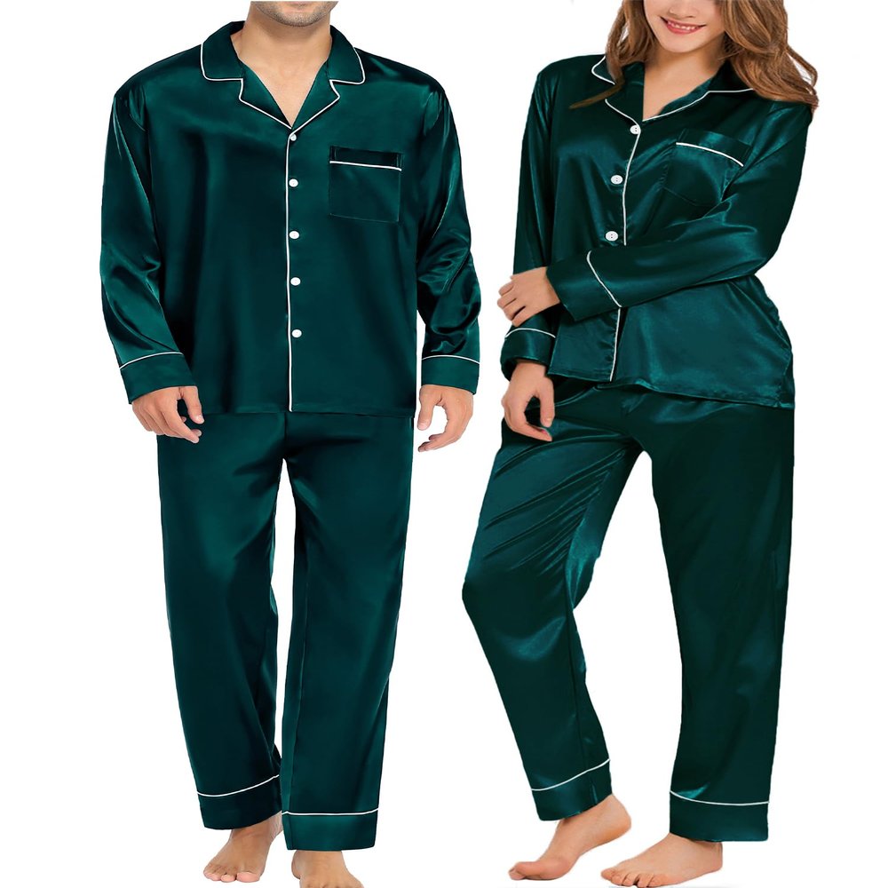 SWOMOG Couples Matching Pajamas Sets Women & Men Silk Satin Long Sleeve Button Down Sleepwear 2 Pcs Classic Loungewear Men Deep Green X-Large