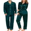 SWOMOG Couples Matching Pajamas Sets Women & Men Silk Satin Long Sleeve Button Down Sleepwear 2 Pcs Classic Loungewear Men Deep Green X-Large view 1