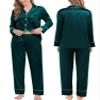 SWOMOG Couples Matching Pajamas Sets Women & Men Silk Satin Long Sleeve Button Down Sleepwear 2 Pcs Classic Loungewear Men Deep Green X-Large view 3