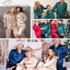 SWOMOG Couples Matching Pajamas Sets Women & Men Silk Satin Long Sleeve Button Down Sleepwear 2 Pcs Classic Loungewear Men Deep Green X-Large view 4